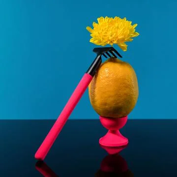 Composition with lemon and rake on a blue background Stockfoto's