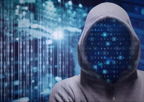 Composition of letters flashing and data processing over hacker wearing hood Stock Photos