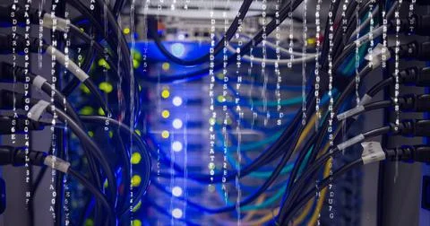 Composition of letters processing over close up of computer cables Stockillustratie