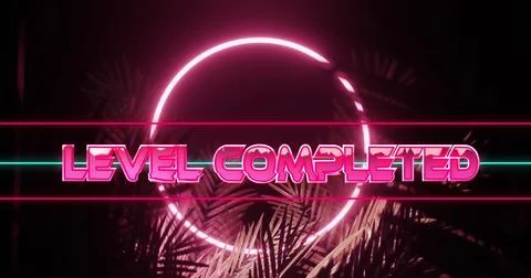 Composition of level completed text with neon shape and leaves on black Stock Illustration
