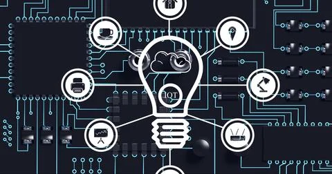 Composition of light bulb and network of digital icons over computer processor Stockillustratie