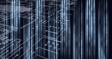 Composition of light trails of data processing over computer circuit board イラスト素材