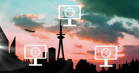 Composition of light trails over computer and globe icons and cityscape Stock Photos