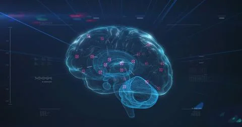 Composition of light trails over digital brain with data processing on black Foto stock