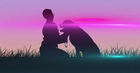 Composition of light trails over man with dog silhouette and grass on pink Foto stock