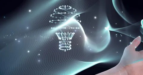 Composition of lightbulb with blue light trails in background Stock Illustration