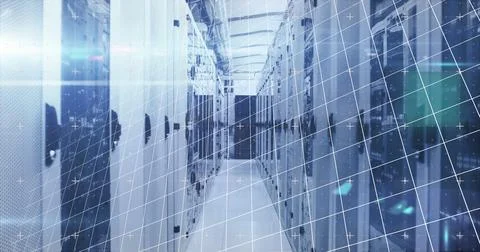 Composition of lines and light trails over server room Illustrazione stock