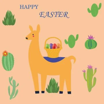 Composition with a llama, a basket of Easter eggs Stock Illustration