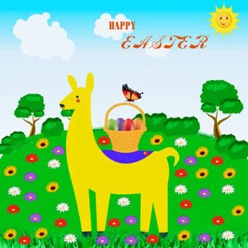 Composition with a Llama basket of Easter eggs on a beautiful forest glade Stock Illustration