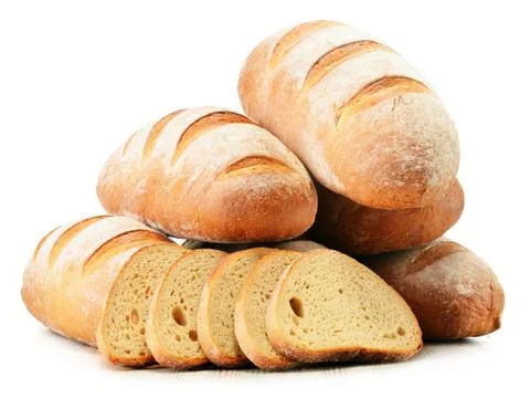 Composition with loafs of bread isolated on white background Stock Photos