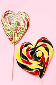 Composition of lollipops, candy pattern, top view flat lay Stock Photos