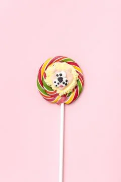 Composition of lollipops, candy pattern, top view flat lay Stock Photos