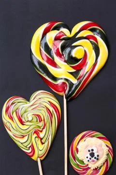 Composition of lollipops, candy pattern, top view flat lay Stock Photos