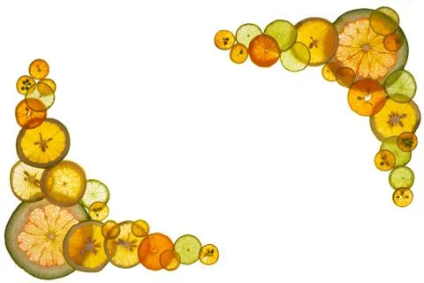 Composition of longitudinal and transverse cuts of fruits Stock Photos