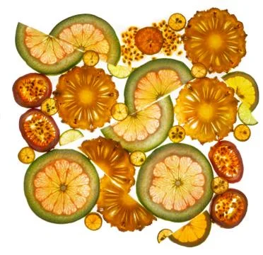 Composition of longitudinal and transverse cuts of fruits Stock Photos