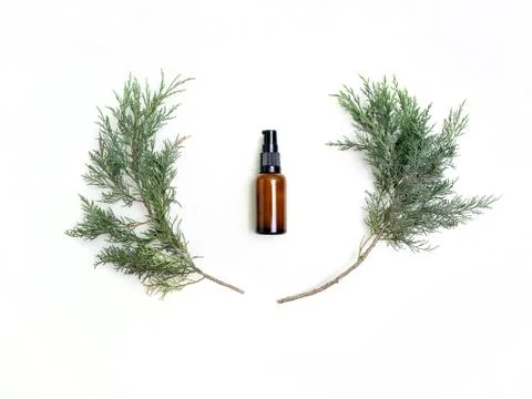 Composition of lotion and juniper on a white background top view. Stock Photos