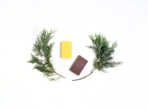 Composition of lotion soap and juniper on a white background top view. Stock-Fotos
