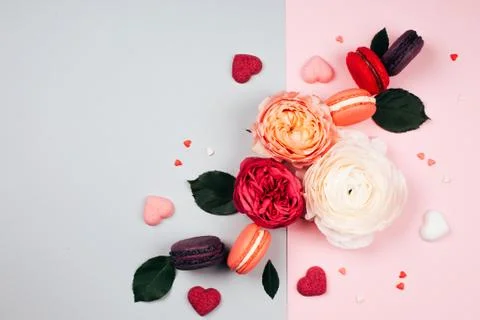 Composition of macarons and flowers Stock Photos