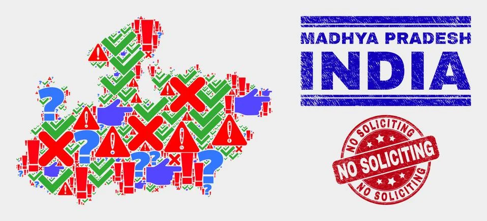 Composition of Madhya Pradesh State Map Sign Mosaic and Grunge No Soliciting Stock Illustration