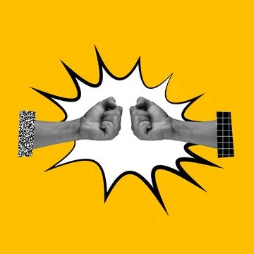Composition with male hands gesturing on bright yellow background. Fight for Stock Illustration