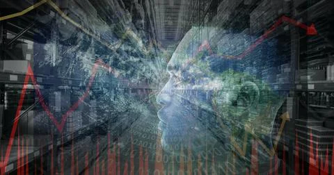 Composition of man, financial data processing with globe over stacked up shelves 库存照片