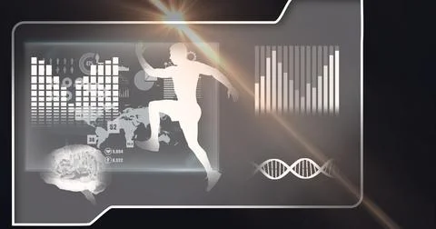 Composition of man running, dna strand and scientific data processing on screen Stock Illustration