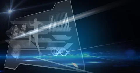 Composition of man running, dna strand and scientific data processing on screen Stock Illustration