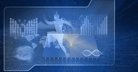 Composition of man running, dna strand and scientific data processing on screen Illustrazione stock