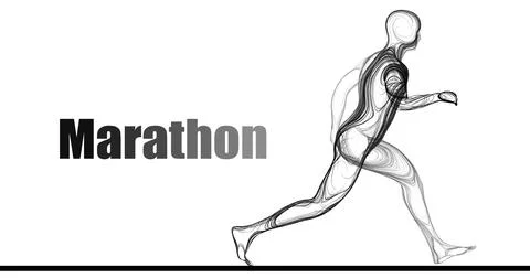 Composition of a man running a marathon sideways from wavy lines along a bl.. Stock Illustration