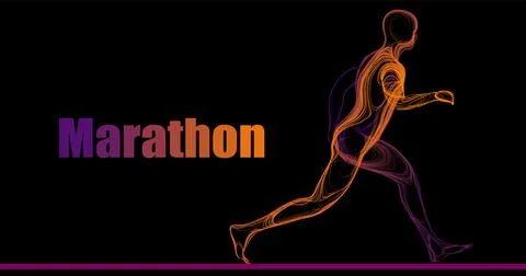 Composition of a man running a marathon sideways from wavy neon lines along.. Stock Illustration