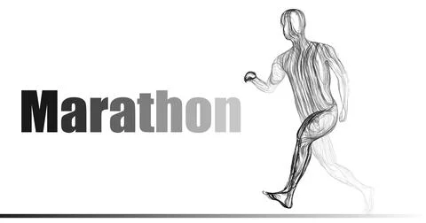 Composition of a man running a marathon sideways from wavy lines along a blac Stock Illustration