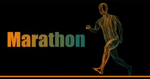 Composition of a man running a marathon sideways from wavy neon lines along t Stock Illustration