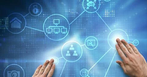 Composition of man touching interactive screen with network of connections and Foto stock