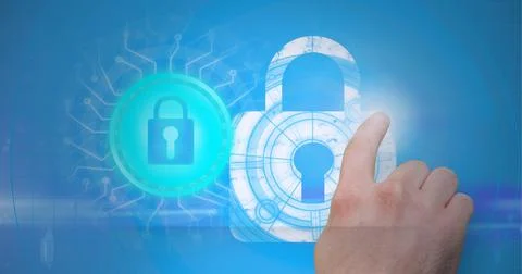 Composition of man touching online security icon over computer circuit board Stockfoto's
