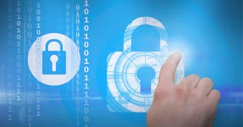 Composition of man touching online security icon over binary coding Stock Photos