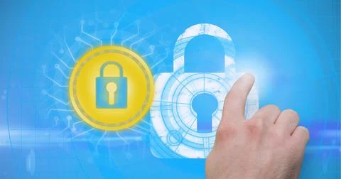Composition of man touching online security icon over computer circuit board Foto stock