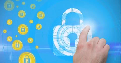 Composition of man touching online security icon on blue background Stock Photos