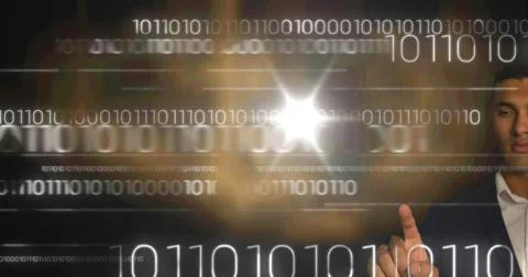 Composition of man touching screen with binary coding and data processing Stock Illustration