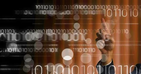 Composition of man touching screen with binary coding and white spots Stock Illustration