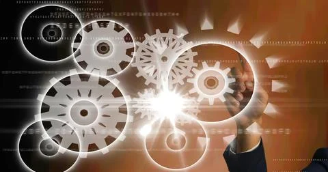 Composition of man touching screen with cogs and data processing Illustrazione stock