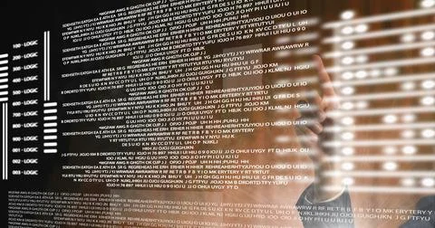 Composition of man touching screen with data processing Stock Illustration