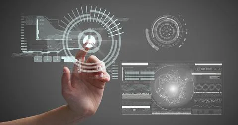 Composition of man touching screen with medical data processing 스톡 사진