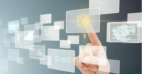Composition of man touching screen with medical data processing Stock Photos