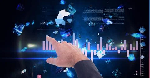Composition of man touching virtual screen with statistics and data processing Stock Photos