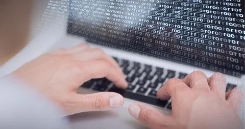 Composition of man using laptop and binary data processing over screen Stockfoto's