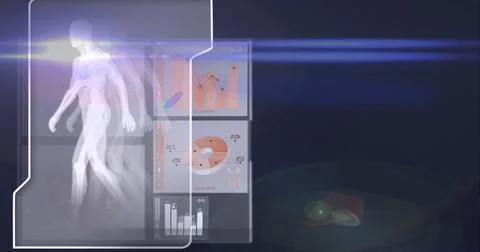 Composition of man walking and scientific data processing on screen Illustrazione stock