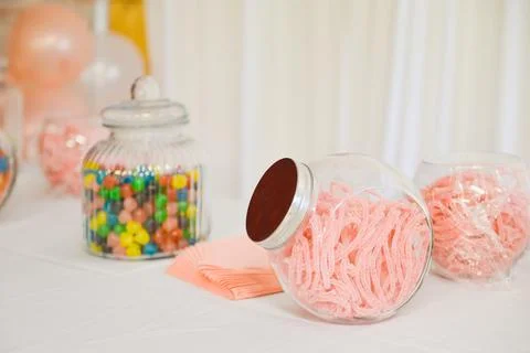 Composition with many candies on table Stock Photos