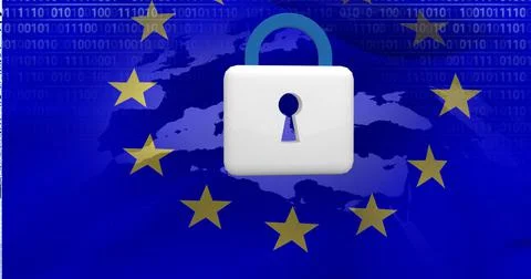Composition of map, binary numbers and white padlock on european union map Stock Illustration