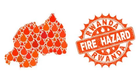Composition of Map of Rwanda Burning and Fire Hazard Grunge Stamp Seal 스톡 일러스트