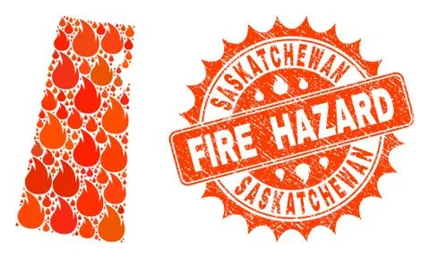 Composition of Map of Saskatchewan Province Burning and Fire Hazard Grunge Stamp Иллюстрация